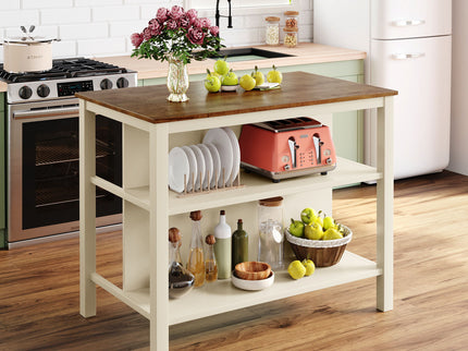 Rustic 3 Piece Stationary Kitchen Island Set With 2 Seatings, With 2 Open Shelves