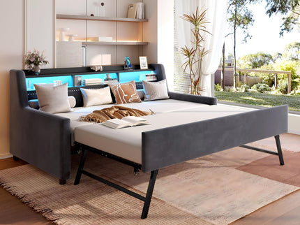 Twin Size Daybed With Trundle With LED Light ＆ Charging Station - Dark Gray