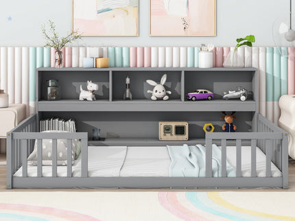 Floor Bed With Bedside Bookcase, Shelves, Guardrails