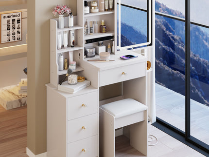 Cabinet Vanity Table & Cushioned Stool, USB Power Station, Hair Dryer Bracket - White