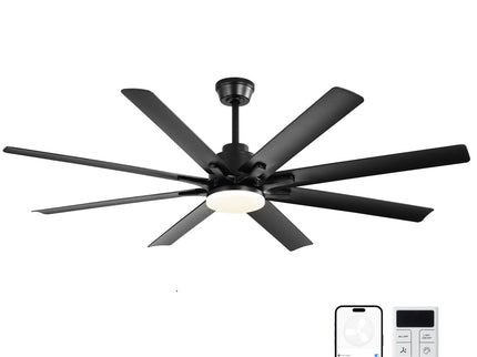 52" Smart Ceiling Fan With 8 Blades, Voice Remote Control, 6 Wind Speeds, LED Light - Black