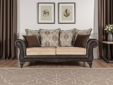 Brookridge - Rolled Arm Sofa With Ornate Details And Mixed Upholstery - Brown