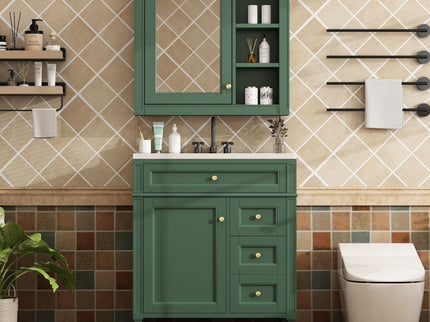 Bathroom Vanity With Top Sink, 2 Doors And 3 Drawers, Freestanding Set With Mirror Cabinet