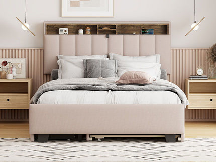 Upholstered Platform Bed With Storage Headboard, Trundle & 2 Drawers And A Set Of Sockets & USB Ports