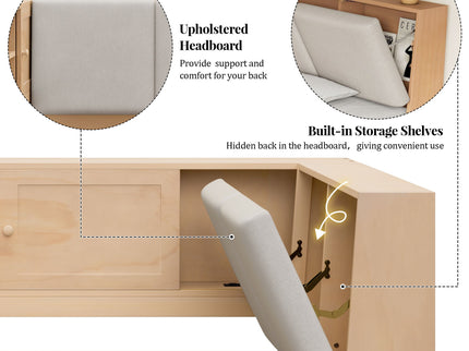 Twin L - Shaped Daybed With Storage Bookcase, Upholstered Headboard, USB Charging Ports & Hidden Drawers - Natural