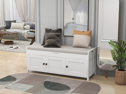 Storage Bench With 3 Shutter-Shaped Doors, Shoe Bench With Removable Cushion And Hidden Storage Space