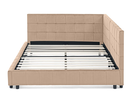 Mid-Century Storage Upholstered Tufted Bed Frame With Backrest And Armrests