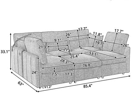 Modern Modular U-Shaped Sofa Bed With Movable Ottoman, USB Ports, Phone Holder