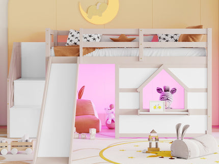 Loft Bed With Storage Stairs, Slide, Playhouse Window And 7 Colors LED Lights