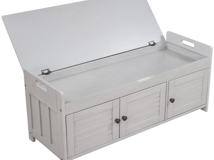 Storage Bench With 3 Shutter-Shaped Doors, Shoe Bench With Removable Cushion And Hidden Storage Space