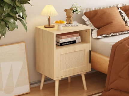 Nightstand, Side Table With Door And Open Shelf For Bedroom - Oak
