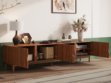 TV Stand With Legs, Media Console, 4 Cabinets For Living Room - Natural Wood