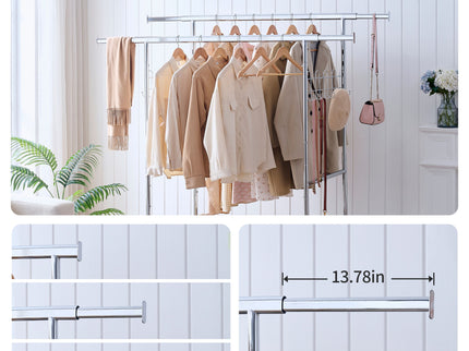 Heavy Duty Double Clothing Garment Rack With Shelves - Silver