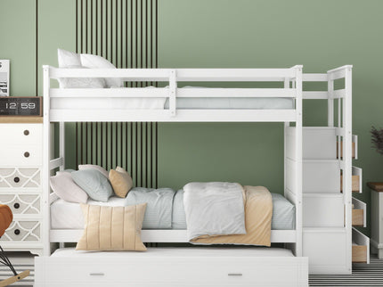 Twin Over Twin Bunk Bed With Trundle And Staircase - White