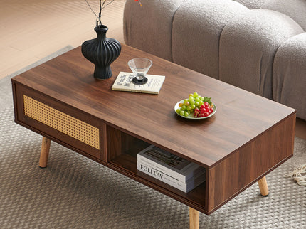 41.34" Rattan Coffee Table, Sliding Door For Storage, Solid Wood Legs, Modern Table For Living Room