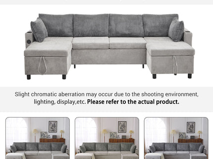 Sectional Sofa Bed With Pull Out Sleeper, USB Ports, Cup Holders