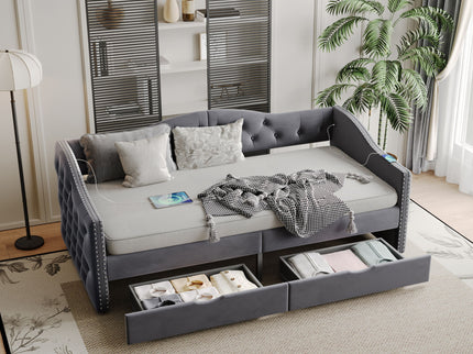 Full Size Bed Frame, Upholstered Cloud Bed Frame With Headboard, 2 Storage Drawers And 2 USB Charging Design, No Box Spring Needed - Gray