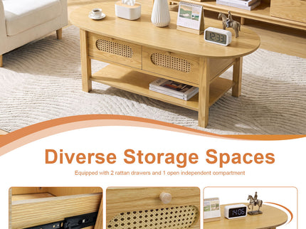 Oval Coffee Table With With 2 Storage Drawers For Living Rooms - Wood