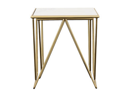 Sinclair - 2 Piece Nesting Table Set With Iron And Luxurious Marble Surface - White / Gold