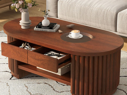 Fluted Oval Coffee Table With Drawers, 2 Tier Cocktail Table