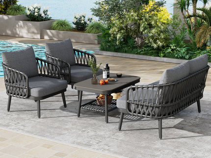 4 Piece Outdoor Patio Furniture Set, Metal Chairs With Woven Rope U Shaped Backrest