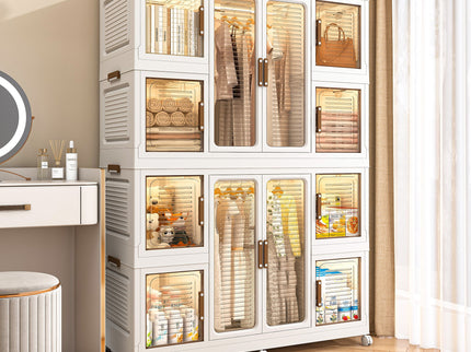 Portable Wardrobe Closet Storage Organizer For Clothes With Magnetic Doors, 12 Cubes & 2 Hanging Rods - White