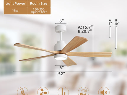 52" Ceiling Fan With Remote Control, Dimmable 3 Color Temperature LED Light, Quiet Reversible DC Motor