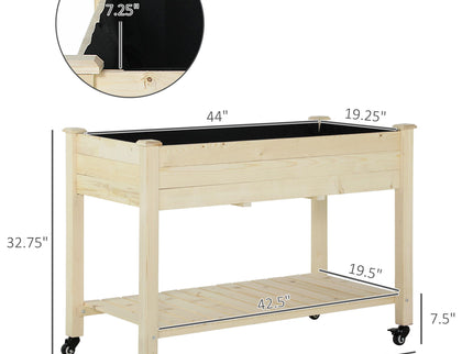 Outsunny - Raised Garden Bed, 47" x 22" x 33", Elevated Wooden Planter Box With Lockable Wheels, Storage Shelf, And Bed Liner For Backyard, Patio - Natural