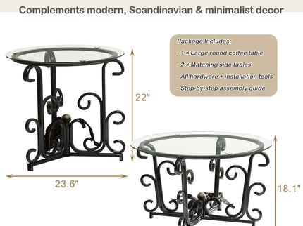 3 Piece Coffee Table Set With Tempered Glass Surface - Black