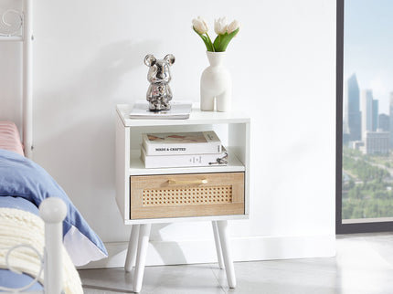 15.75" Rattan End Table With Drawer And Solid Wood Legs, Modern Nightstand, Side Table For Living Room, Bedroom