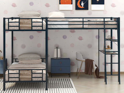 L-Shaped Twin Over Twin Bunk Bed With Twin Size Loft Bed With Desk And Shelf - Brown