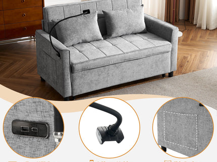 Pull-Out Sleeper Sofa With Reversible Backrest Cushion, Side Pockets, 2 USB Ports And A Phone Holder For Living Room