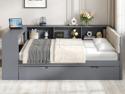 Upholstered Headboard Platform Bed With Storage Shelves, Trundle, Charging Station