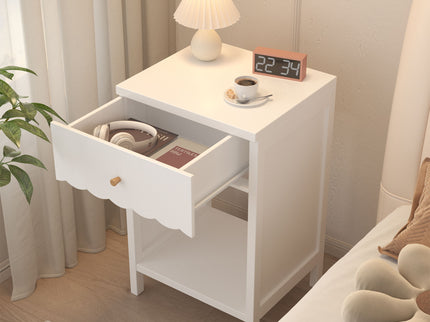 Nightstand With Drawer And Open Shelf, Scalloped Edge Bedside Table