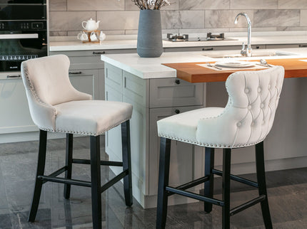 Contemporary Upholstered Wing-Back Barstools With Button Tufted Decoration And Wooden Legs, And Nailhead Trim, Leisure Style Bar Chairs, Bar Stools (Set of 2)
