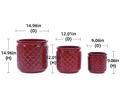 3 Pieces Ceramic Flowerpot, Planter For Patio & Garden Or Windowsills - Bean Paste Red