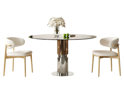 Round Dining Table & Tempered Glass Top - Brown