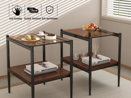 Modern Rectangle End Table (Set of 2) With Tempered Glass Tabletop And Layer - Brown