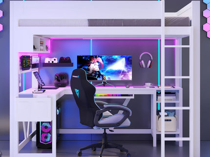 Gaming Loft Bed With Desk, Storage Shelves, LED And Charging Station