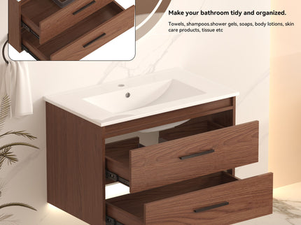 Wall Mounting Bathroom Vanity With Soft Close 2 Drawer, Sink - Reddish Brown