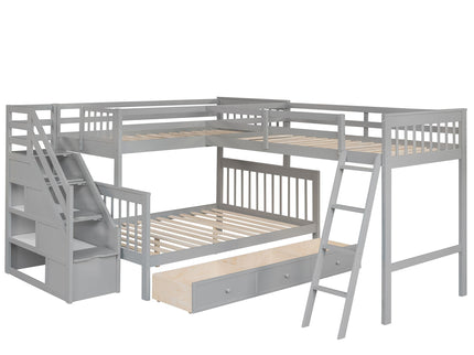 Solid L Shaped Bunk Bed With 3 Drawers, Ladder And Staircase