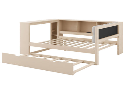 Upholstered Headboard Platform Bed With Storage Shelves, Trundle, Charging Station