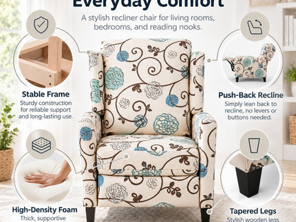 Wingback Recliner Chair With Padded Arms - Beige