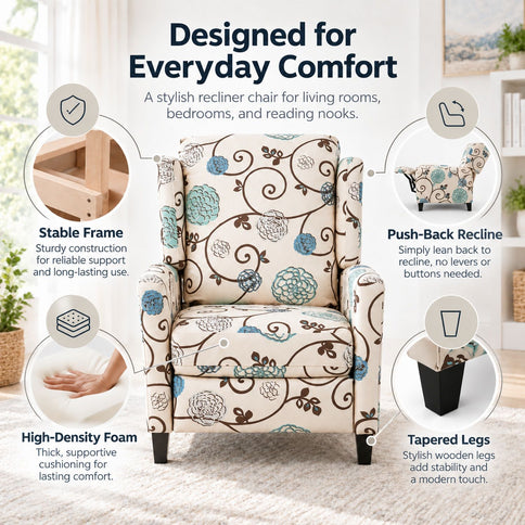 Wingback Recliner Chair With Padded Arms - Beige