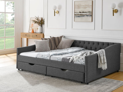 Upholstered Tufted Daybed With 2 Drawers, Waved Arms