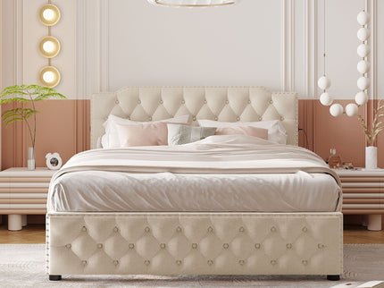 Upholstered Platform Bed With 2 Drawers And 2 Sets Of USB Ports On Each Side, Fabric