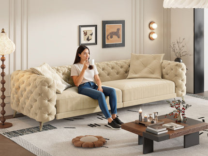 3 In 1 Convertible Sleeper Sofa, Pull Out Bed, Button Tufted, 4 Seater Couch With Movable Ottoman For Apartment - Apricot