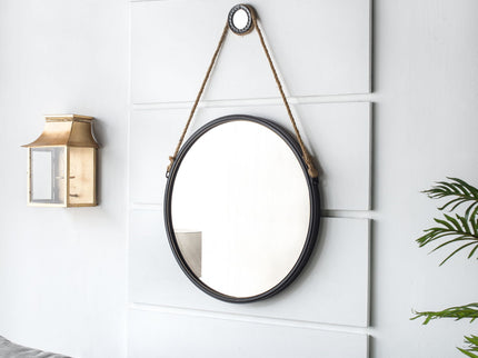 Handsome Cleveland Mirror With Rope Strap Contemporary Design Circle Mirror With Round Metal Frame For Wall Decor