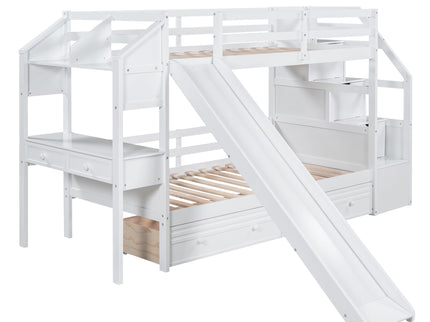 Bunk Bed With Storage Staircase, Slide, Desk, Drawers, And Shelves