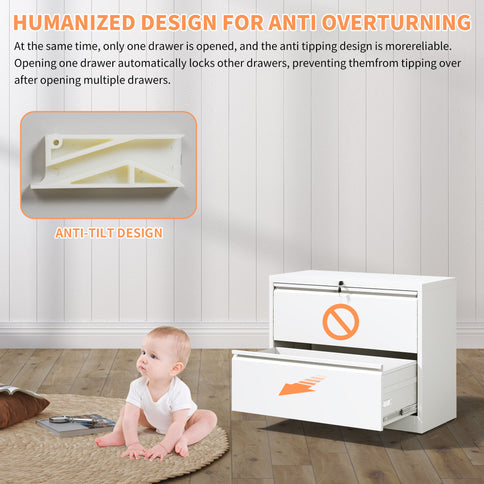 Lateral File Cabinet 2 Drawer, Locking File Cabinet With Anti Tip Interlock, Heavy Duty Storage For Letter / Legal / A4 Files - White